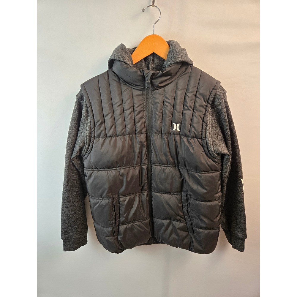 Hurley Puffer Hybrid Jacket Kids XL 13-15 Black Grey Hooded Full Zip 6138-023
